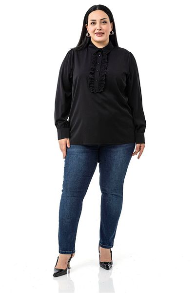 DISENTIS MODEST Plus Size Black Shirt with Ruffle Detail on the Front and Shirt Collar Cuff