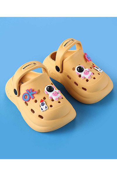 Cute Walk by Babyhug Backstrap Clogs with Space Theme Applique - Yellow Ochre
