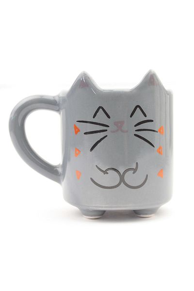 PALTO TASARIM Meow 13 Handmade 3D Gray Glossy Mug - Handmade Ceramic Mug