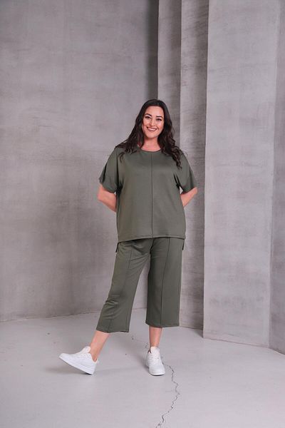 Ebsumu Set de trening pentru femei de mărime mare, confortabil, din țesătură Sho Capri kaki