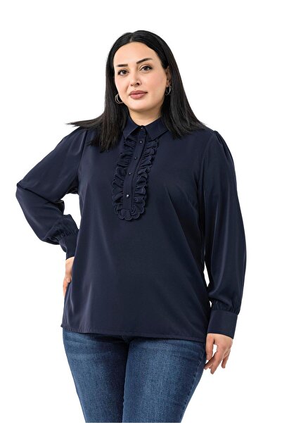 DISENTIS MODEST Plus Size Navy Blue Shirt with Ruffle Detail on the Front and Shirt Collar Cuff