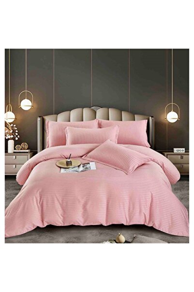 Lenjeria Pufoasa Lenjerie pat dublu cu elastic, Damasc Deluxe Premium, 6 Piese, Horeca - Roz Pudra