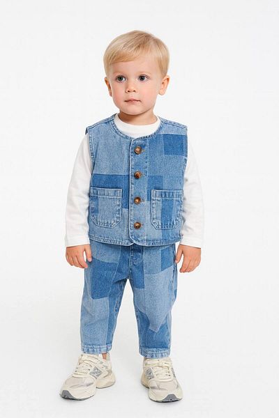 Çamur Kids Patchwork Detailed Boys' 3-Piece Denim Suit – Vest, Pants and Long Sleeve T-Shirt – Mud Kids