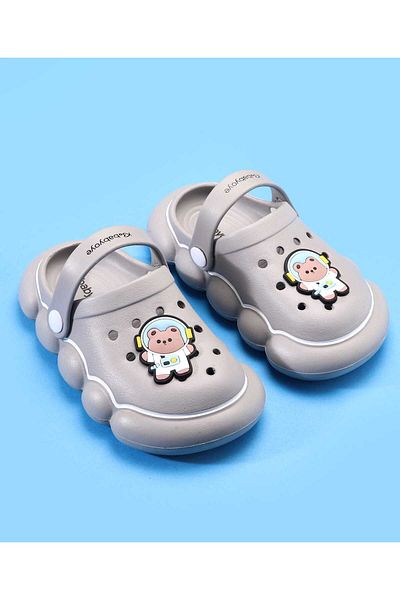 Babyoye Clogs with Back Strap Closure & Bear Applique - Grey