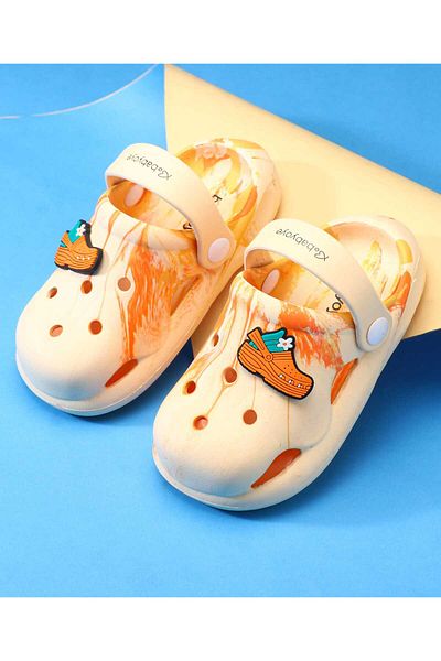Babyoye Slip On Clogs With Back Strap Marble Print & Applique - Orange