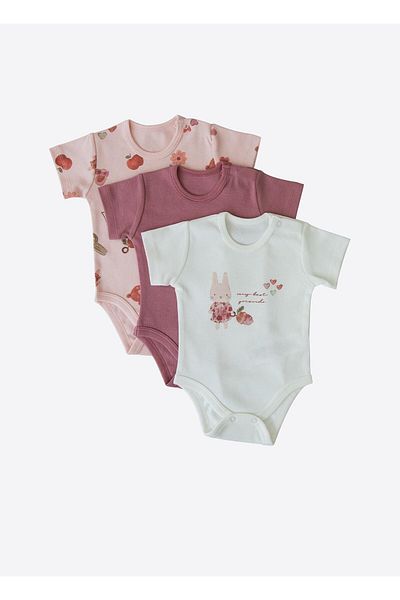 kitikate Organic Bunny 3-Piece Short Sleeve Bodysuit Pink