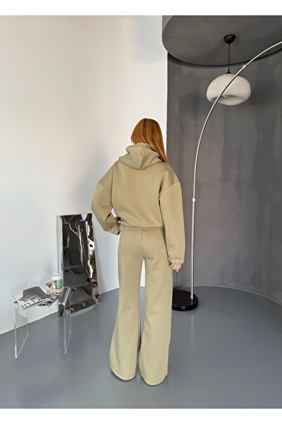 Cappmoda Tkm-0037 Khaki Stitching Detailed Hooded Sweatshirt & Sweatpants Three Thread Raised Double Set