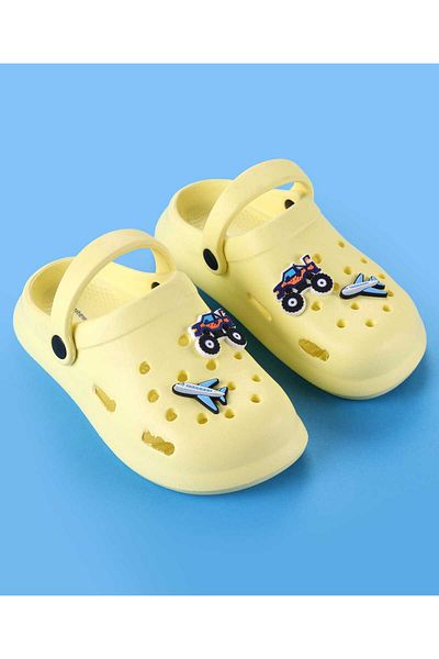 Cute Walk by Babyhug Backstrap Closure Clogs With Aeroplane & Monster Car Applique - Yellow
