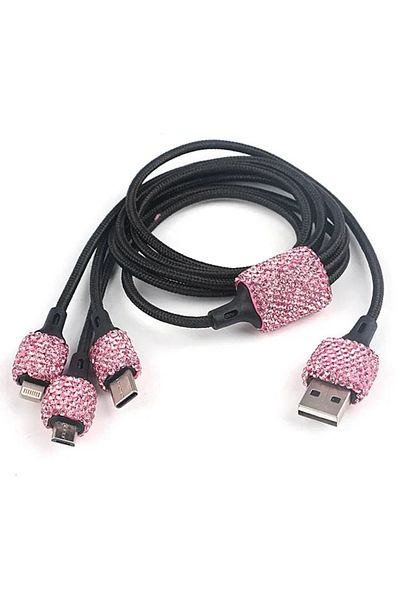 Choice B pink USB Car Charger Pink Crystal Diamond 5V 2.1A Dual Port Fast Charging Adapter 3 in 1 Charging