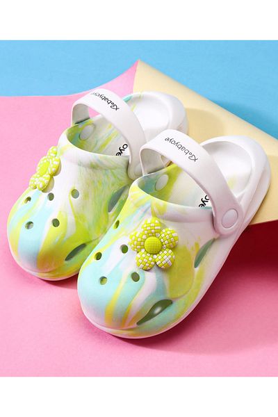 Babyoye Clogs with Back Strap Closure & Floral Applique - White & Yellow