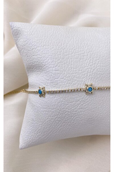 Sacha Accessories Figured Turquoise Stone Detailed Gold Bracelet