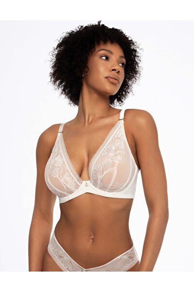 ESOTIQ Sutien moale cu armătură, dantelă florală și pandantiv auriu, bandă lată fără burete, elegant | Nathalie