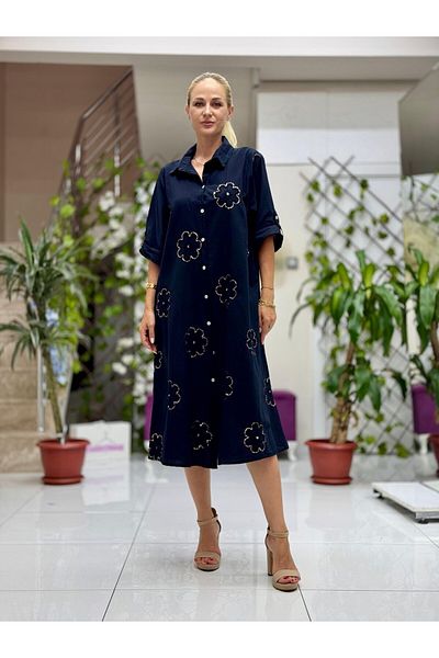 Punta Otantik Pt91720 Sequin Coton Italian Shirt Dress Black