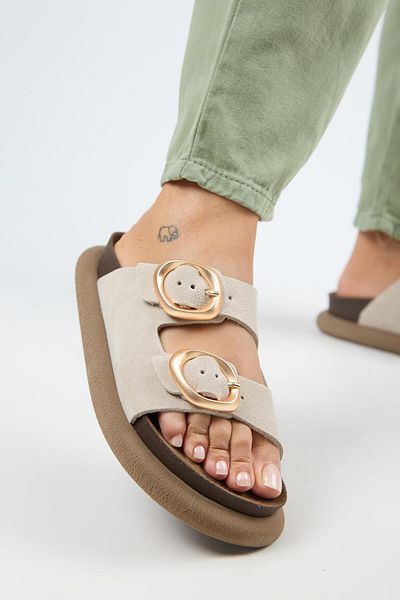 Manijero Narducci Women's Genuine Leather Double Buckle Beige Slippers