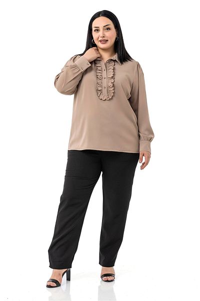 DISENTIS MODEST Plus Size Front Ruffle Detail Shirt Collar Cuff Mink Shirt