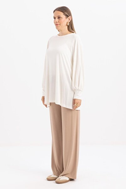 ALLDAY Ecru-Cotton Long Sleeve Lycra T-Shirt with Gathered Sleeves