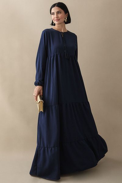 InStyle Yoryo Navy Blue Chiffon Dress with Lace-Up Collar