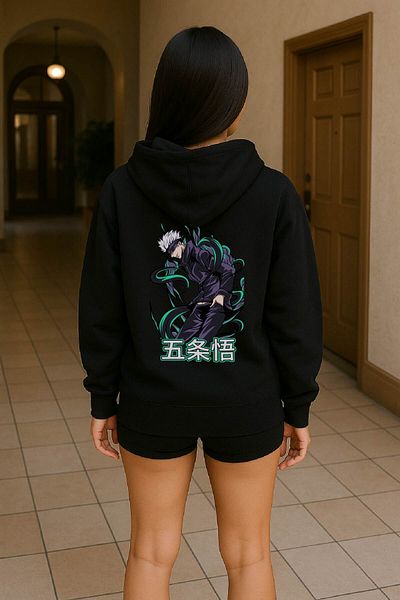 By Caspita Fashion Lenithra Jujutsu Kaisen Gojo Anime Back Printed Unisex Oversize Black Hoodie