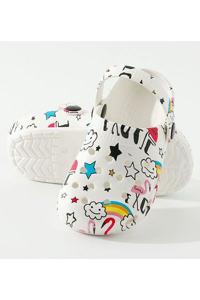 SAPS All Over Flamingo Rainbow Stars & Clouds Printed Backstrap Closure Clogs - White