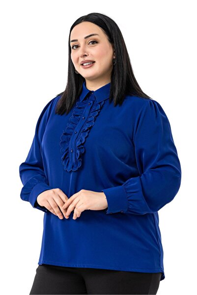 DISENTIS MODEST Plus Size Front Ruffle Detailed Shirt Collar Cuff Saks Blue Shirt