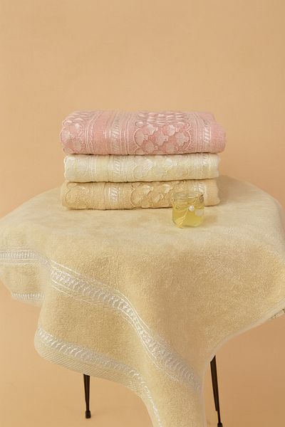 Bonny Home Pelin 3 piese Prosop pentru mâini și față 100% bumbac, textura catifea, dantelă și dantelă