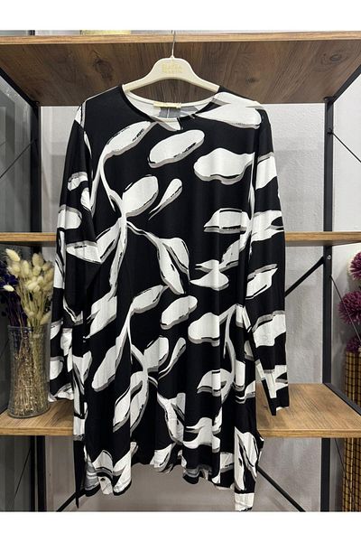 ÖZNE BUTİK Plus Size Women's 100% Cotton Lycra A-Line Cycling Collar Pattern Combed Cotton Tunic