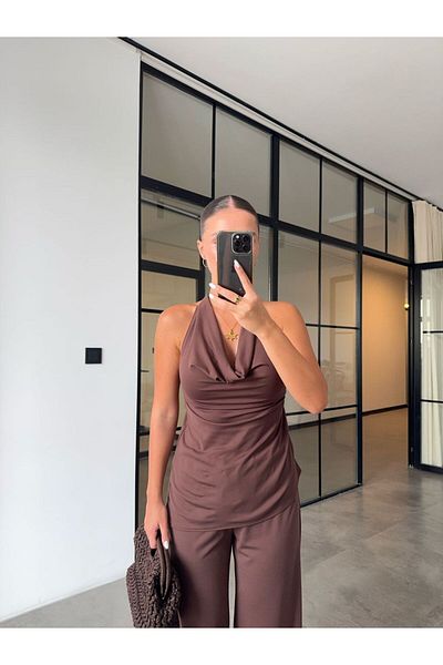 BB Bensu Buyruk Brown Halter Neck Dressy Bluz Pant Modal Set