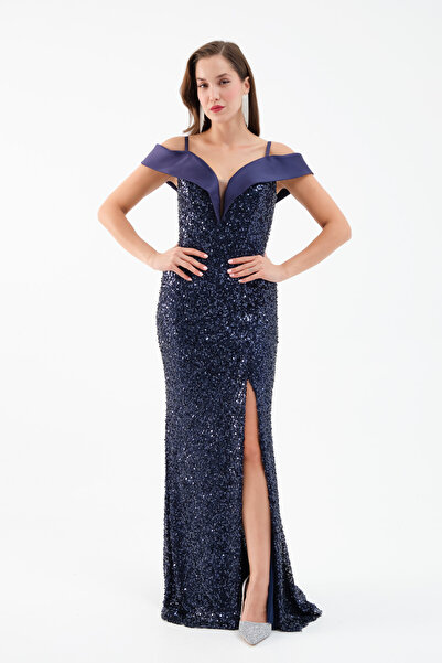 Lafaba Women's Navy Blue Boat Neck Slit Promise Engagement Wedding Evening Dress