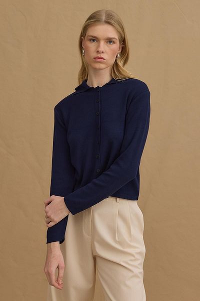 Fahhar Viscone Buttoned Polo Neck Knitwear Sweater Navy Blue