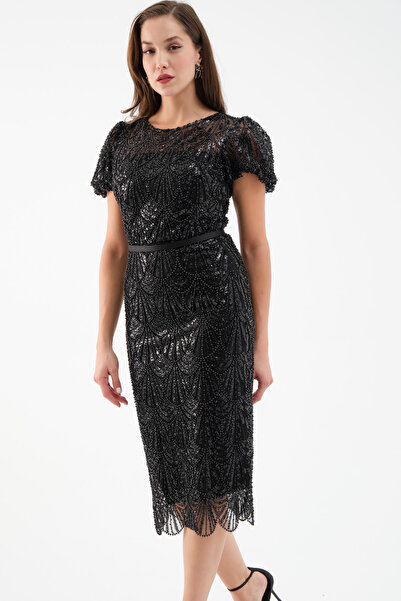 Lafaba Kadın Siyah Boncuklu Midi Abiye Elbise