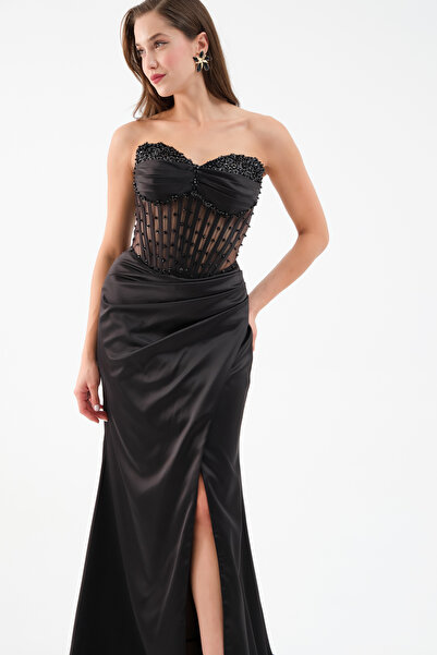 Lafaba Γυναικείο μαύρο στράπλες μακρύ σατέν βραδινό φόρεμα με χάντρες