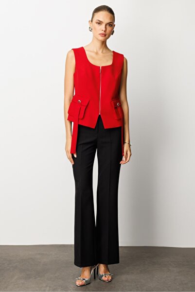 Moda İlgi Modailgi U Yaka Fermuar Kapamalı Torba Cepli Yelek Kırmızı