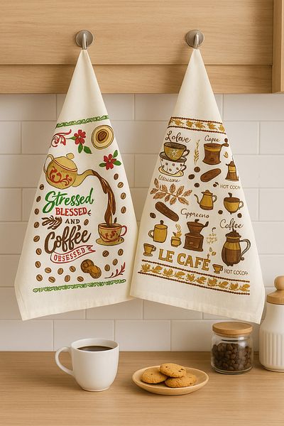 Bonny Home Set 6 prosoape de bucătărie de culoare crem – 30x50 cm |   Lavete de uscare cu model cu tematică fructe și cafea