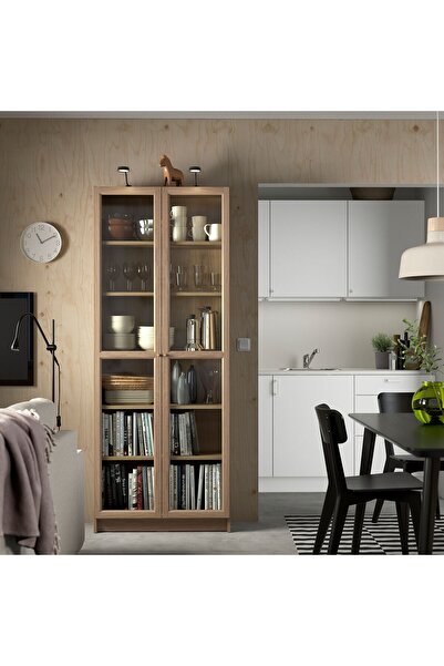 IKEA cam kapaklı kitaplık, meşe görünümlü, 80x30x202 cm