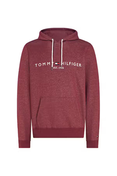 Tommy Hilfiger سويت شيرت رجالي بطبعة شعار بغطاء للرأس - أحمر كلاريت
