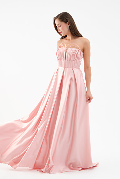 Lafaba Women's Powder Chest Detail Long Satin Evening Dress