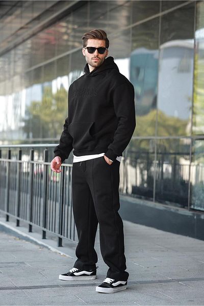 Madmext Black Hooded Men's Tracksuit Set E7324