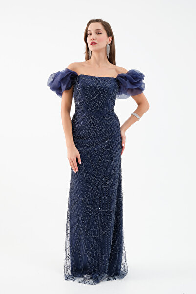 Lafaba Women's Navy Blue Sleeve Detail Beaded Long Evening Dress