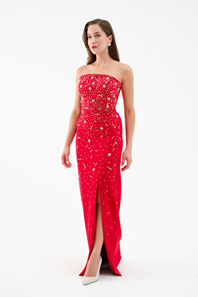 Lafaba Women's Red Strapless Stone Long Evening Dress