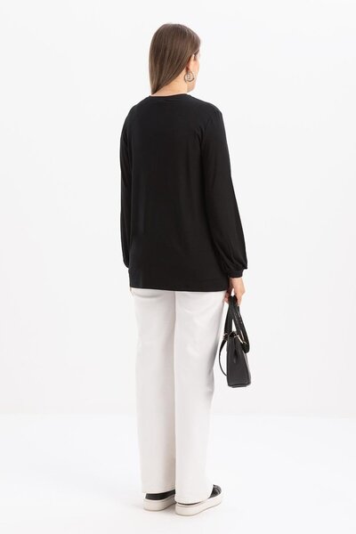 ALLDAY Siyah-Bisiklet Yaka Kol Ucu Büzgülü Likralı Pamuklu Bluz