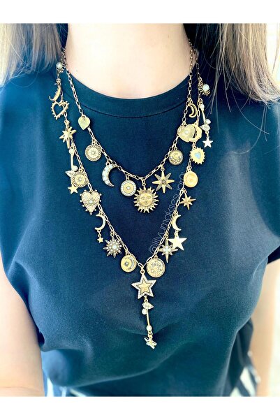 Lilyum Aksesuar قلادة مكونة من قطعتين، موديل ماركة، على شكل هلال ونجمة ولؤلؤة...
