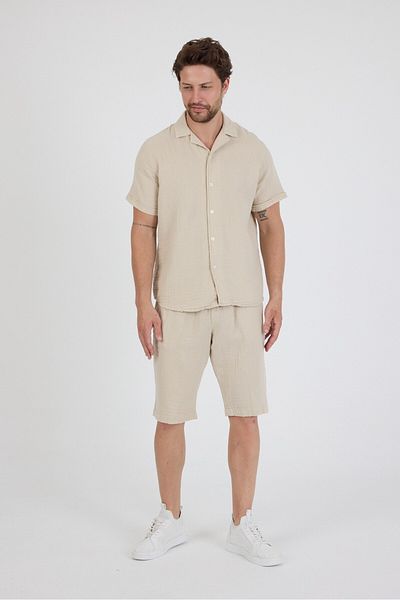 Wise Men's Suit Linen Look Muslin Short Sleeve Shirt Shorts Set 100% Cotton