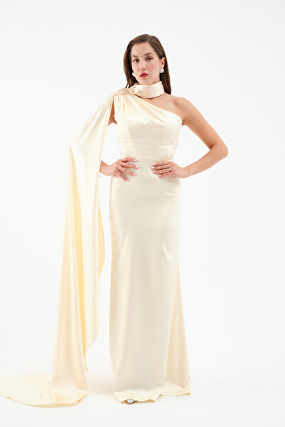 Lafaba Kadın Sarı Şal Yaka İnci Söz Nişan Nikah Abiye Elbise