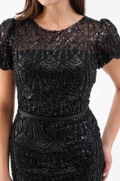 Lafaba Kadın Siyah Boncuklu Midi Abiye Elbise