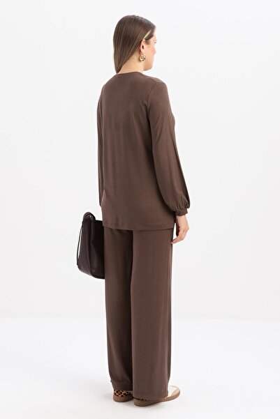 ALLDAY Μπλούζα από βαμβακερή λύκρα με μανίκια καφέ-λαιμόκοψη