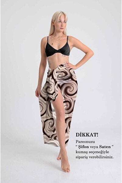 DESENİX Spiral Patterned Pareo in Coffee Colors |   Beige Background |   100X145 cm |   Digital Printing |   Chiffon / Satin