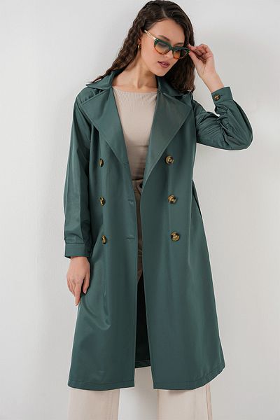 Merterium Γυναικεία καμπαρντίνα με διπλό γιακά Emerald Green 1053