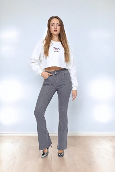 Livik Beauvo Gray Non-Fading Lycra High Waist Denim Spanish Leg Jeans