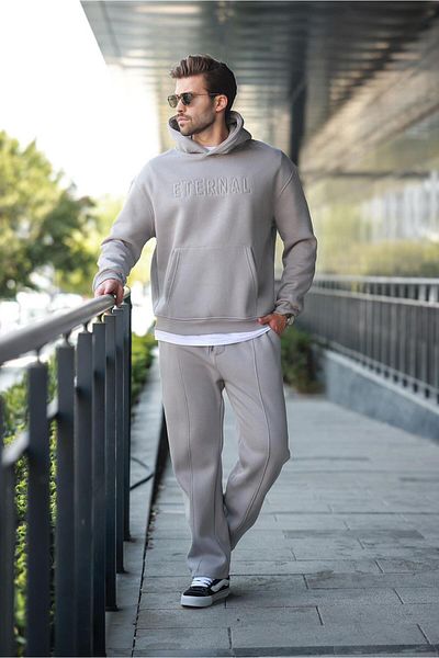 Madmext Painted Gray Hooded Men's Tracksuit Set E7324