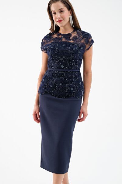 Lafaba Жіноче темно-синє мереживне плаття середньої довжини